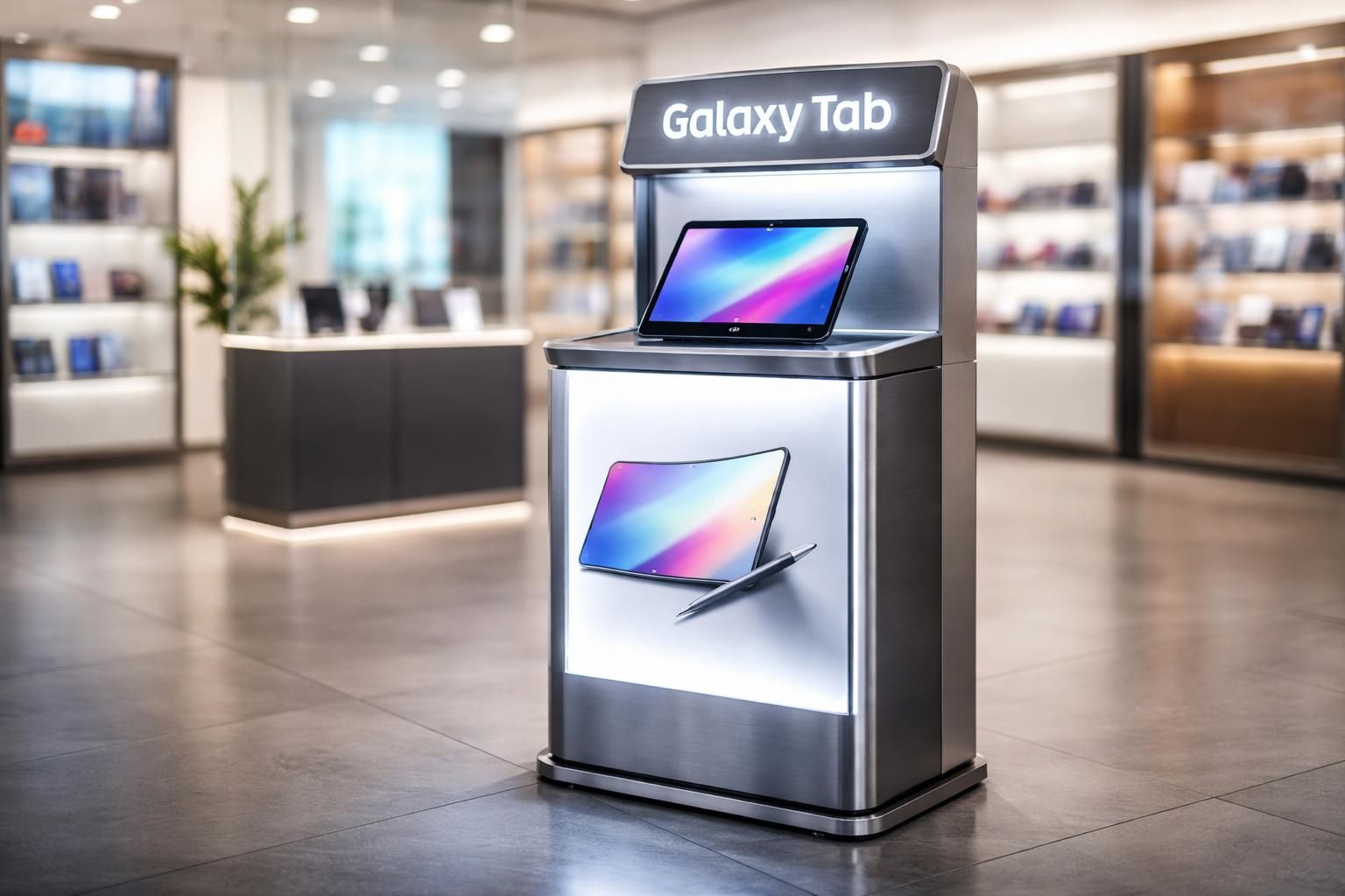 découvrez galaxy tab, la borne promo flexible intégrant une tablette samsung, idéale pour dynamiser vos points de vente avec des présentations interactives et attractives.