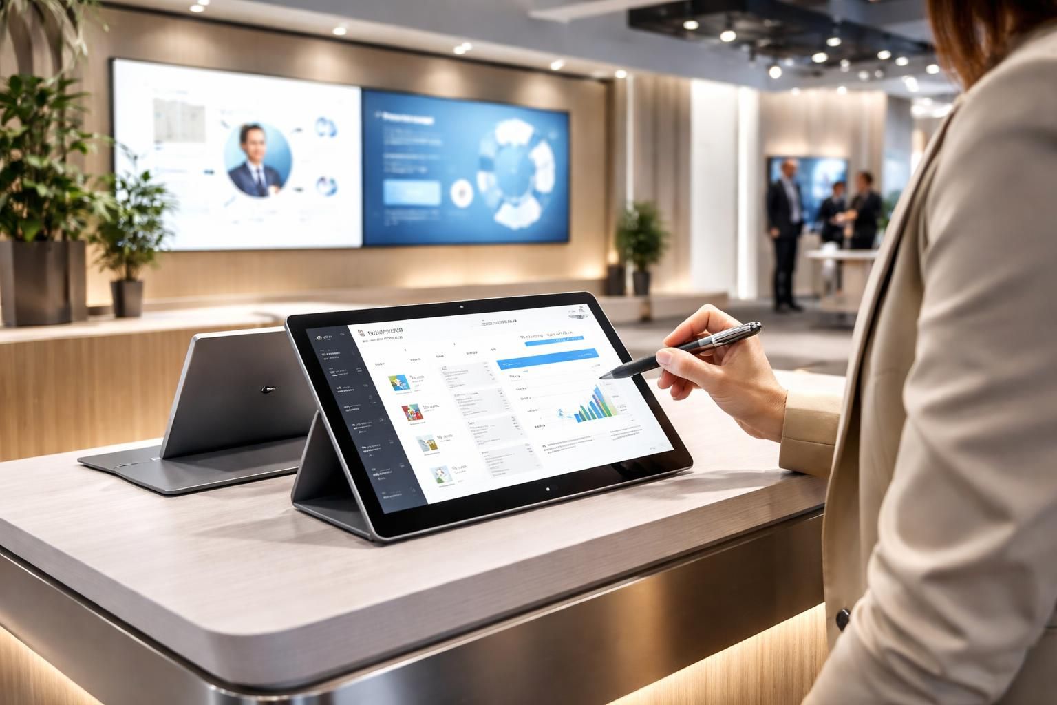 découvrez notre stand premium intégrant un crm performant, des visuels attractifs et la prise de rendez-vous simplifiée sur tablette tactile microsoft pour optimiser votre événement.