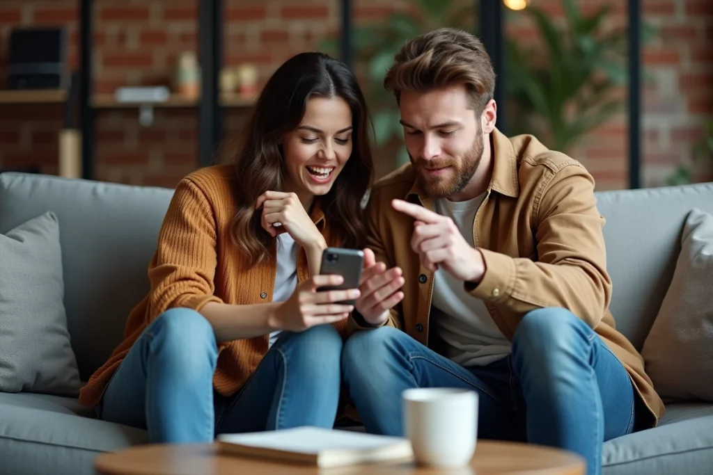 Deux amis regardant des stories Instagram en mode anonyme sur un canapé dans un salon moderne