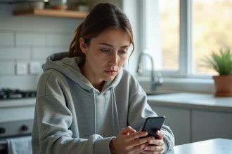 Jeune femme consultant une story Instagram de manière anonyme sur son smartphone dans une cuisine moderne