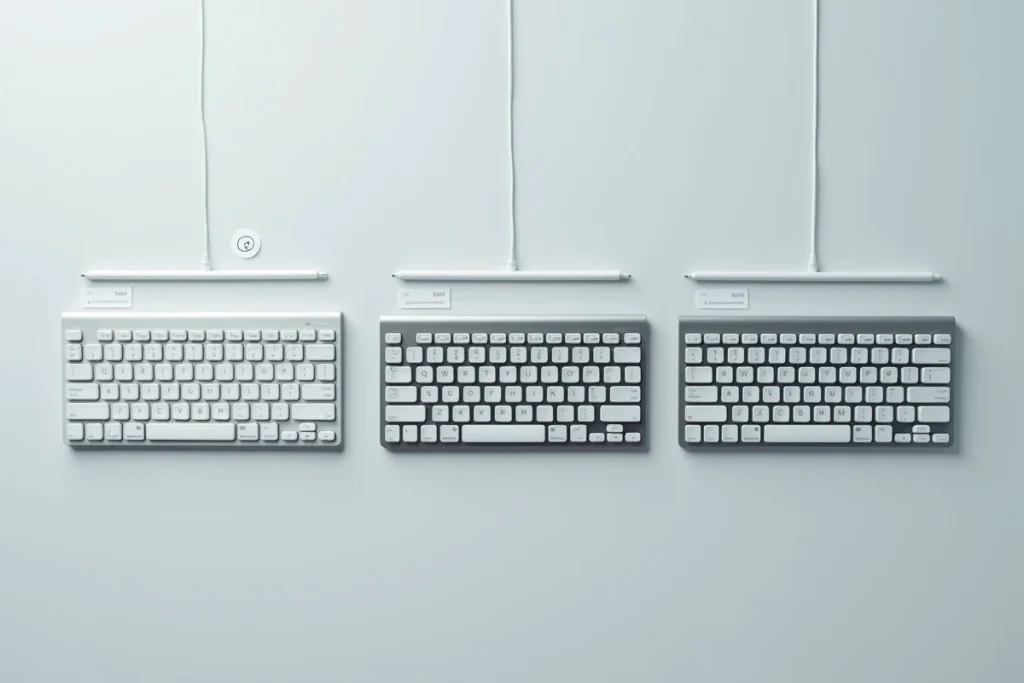 Comparaison de trois claviers représentant Windows, macOS et Linux avec la touche Shift visible sur chacun