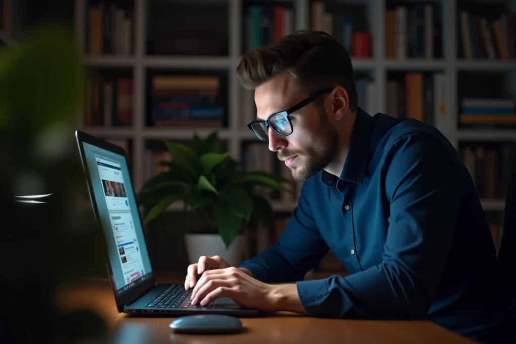 Homme consultant discrètement des stories Instagram de façon anonyme sur un ordinateur portable dans un bureau à domicile