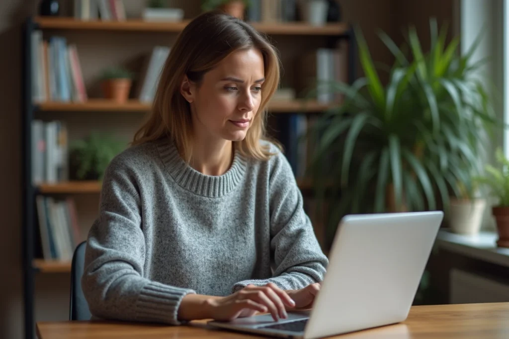 Femme utilisant la touche Shift sur un clavier d'ordinateur dans un bureau à domicile