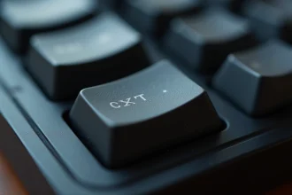 Gros plan sur la touche Shift d'un clavier mécanique moderne avec une texture détaillée de la surface du keycap