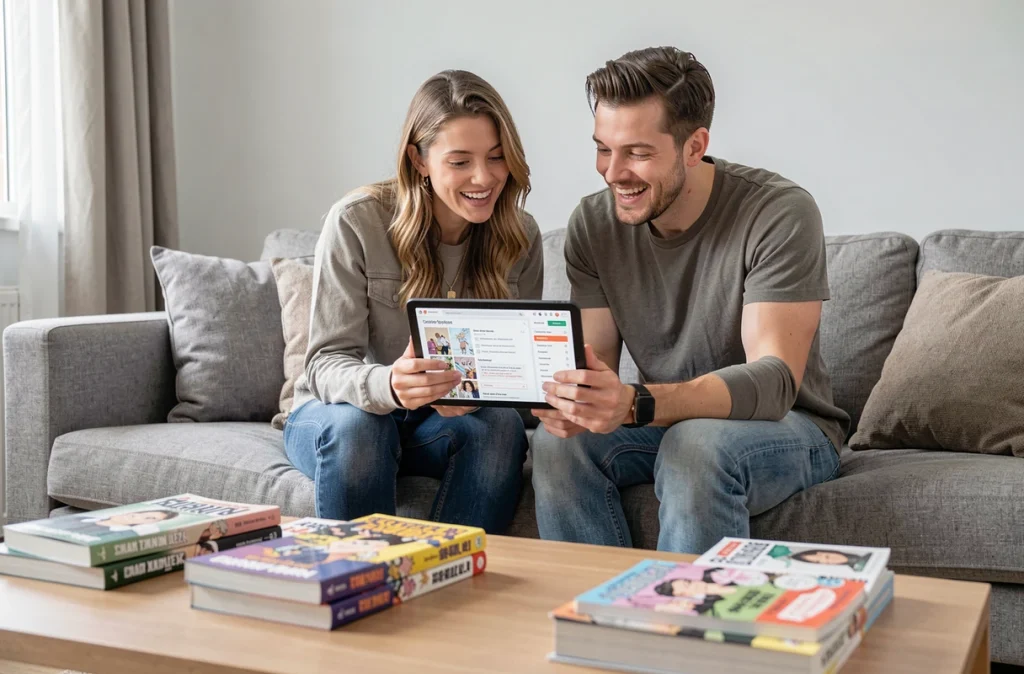 Deux amis consultant un abonnement légal de manga sur tablette dans un salon, plateforme de streaming manga