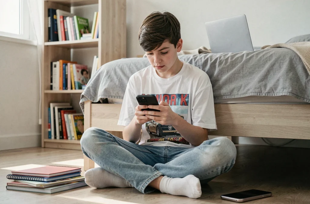 Adolescent utilisant une application mobile pour partager une image depuis sa chambre