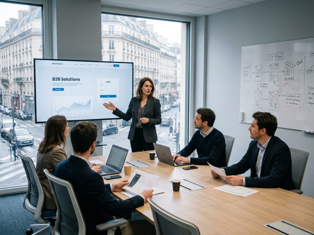 Réunion d'agence digitale présentant la refonte d'un site B2B à une équipe ESN dans une salle de conférence parisienne