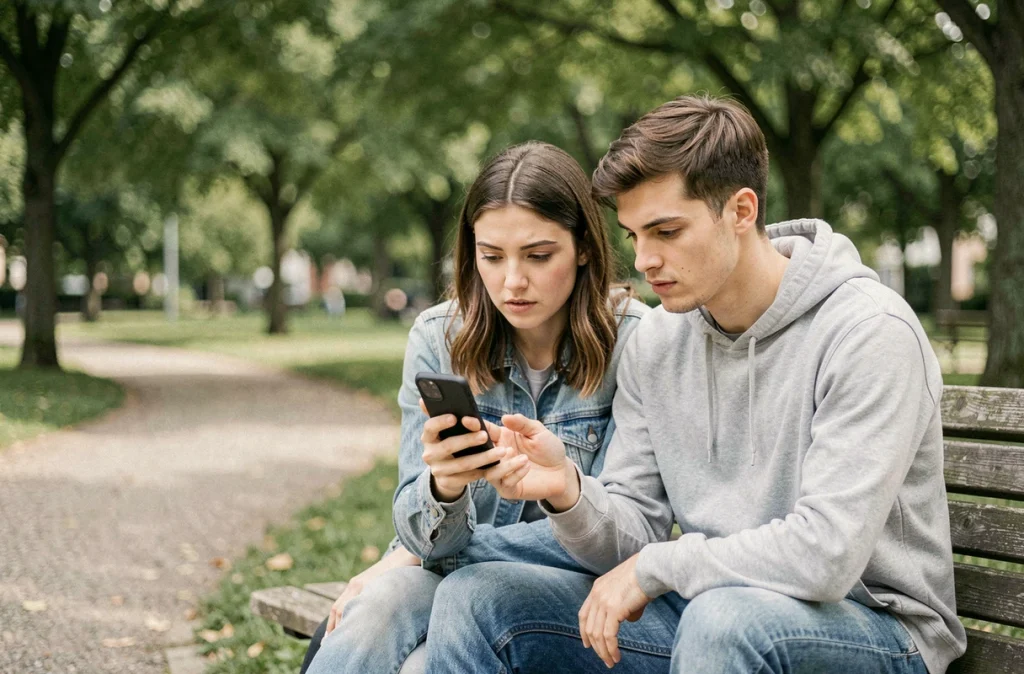 Deux amis regardant discrètement des stories Snapchat ensemble sur un banc dans un parc urbain