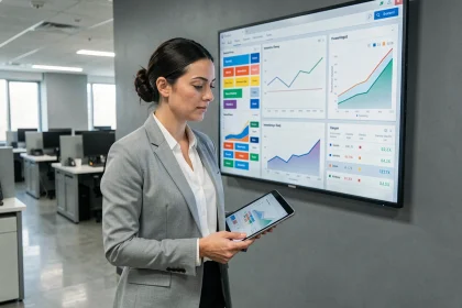 Analyste informatique femme devant un tableau de bord d'analyse prédictive pour la gestion des stocks