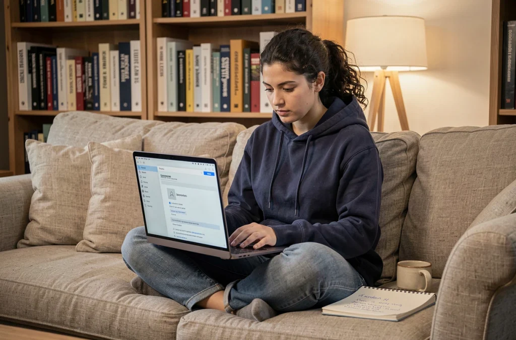 Jeune femme prenant des notes sur les astuces de configuration OS depuis son canapé avec un ordinateur portable