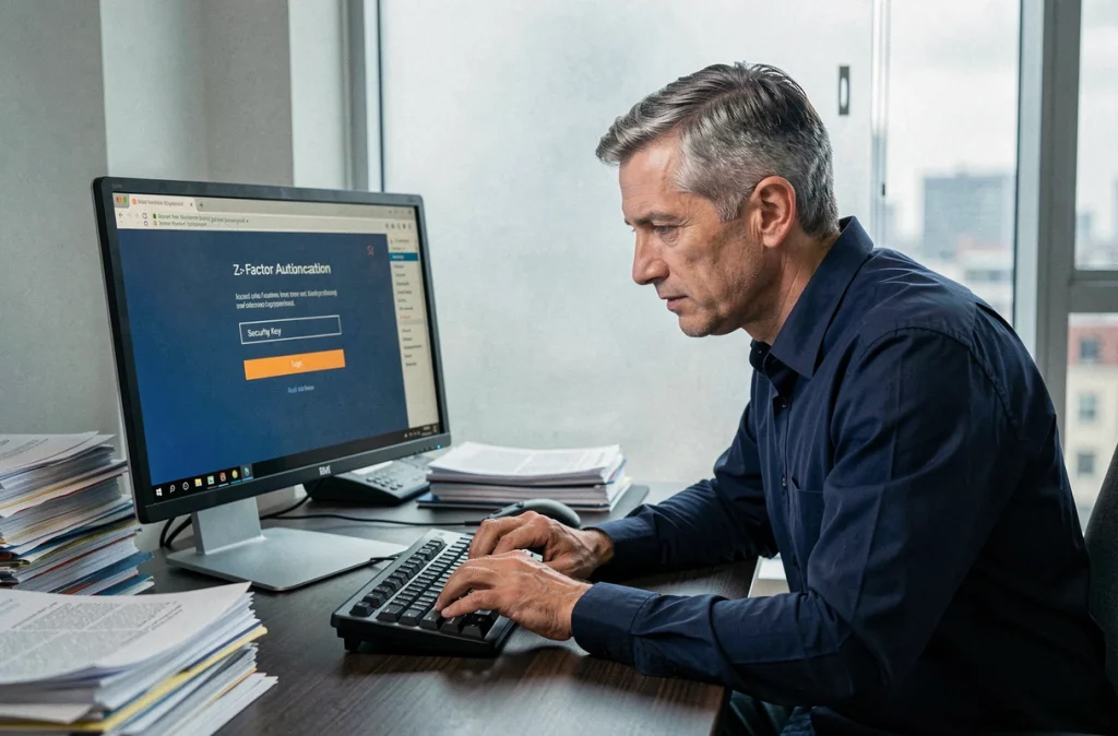 Homme d'affaires se connectant à son compte professionnel avec une authentification à deux facteurs