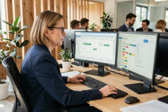 Une employée de PME française utilise un logiciel d'automatisation des tâches bureautiques sur un double écran dans un open space moderne