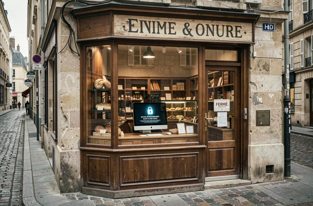 Boulangerie française fermée suite à une attaque de ransomware visible sur l'ordinateur de la boutique