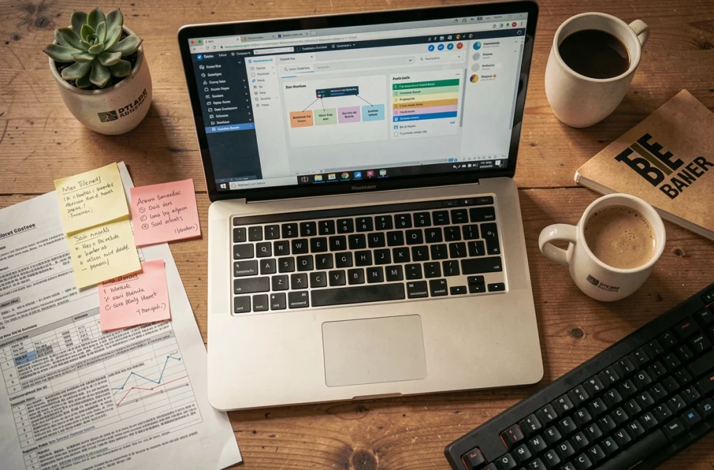 Vue aérienne d'un bureau de PME avec un ordinateur affichant un logiciel d'automatisation, des documents imprimés et des notes manuscrites illustrant la transition numérique