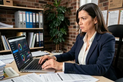Femme cheffe d'entreprise analysant un tableau de bord de cybersécurité sur son ordinateur portable dans un bureau de petite entreprise