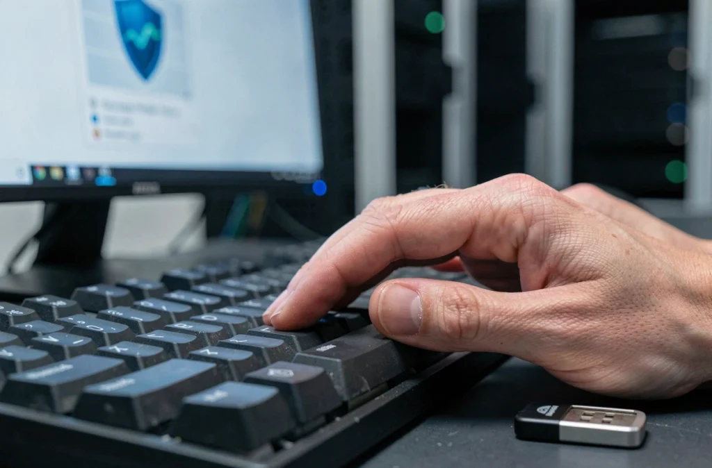 Gros plan sur des mains utilisant un clavier et une clé de sécurité USB pour chiffrer des documents bureautiques sensibles