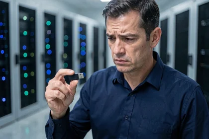 Responsable informatique examinant une clé USB suspecte dans une salle de serveurs d'entreprise