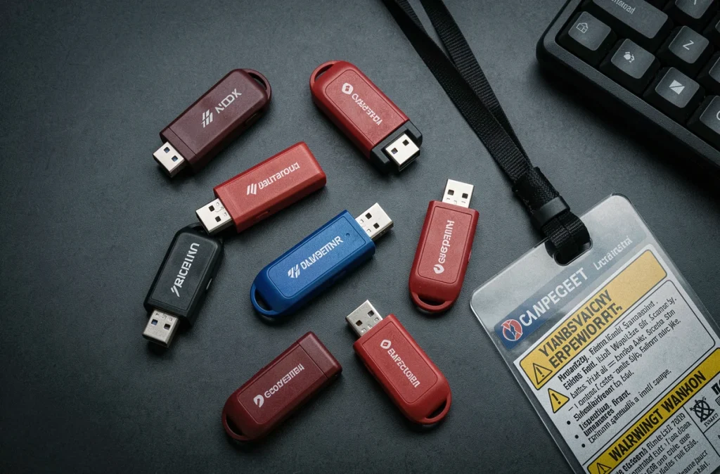 Clés USB de différentes marques éparpillées sur un bureau d'entreprise avec badge d'accès et avertissements