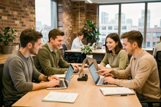 Équipe de professionnels collaborant en temps réel sur Google Docs autour d'une table de réunion moderne