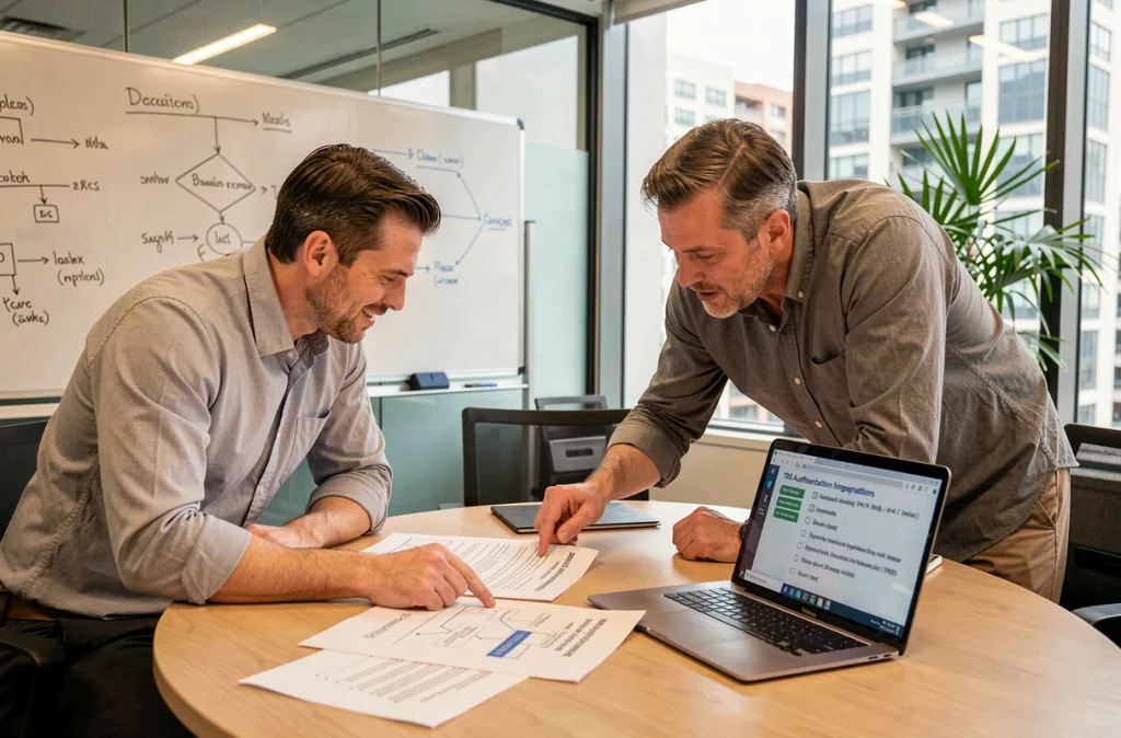 Deux professionnels IT collaborant sur un plan de migration vers TBS auth en salle de réunion avec documentation technique