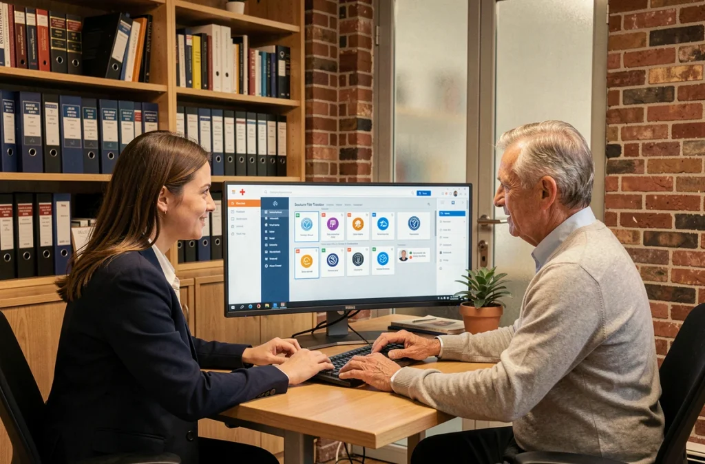 Deux professionnels collaborant sur un poste de travail avec un tableau de bord de transfert de fichiers chiffré suisse dans un bureau privé