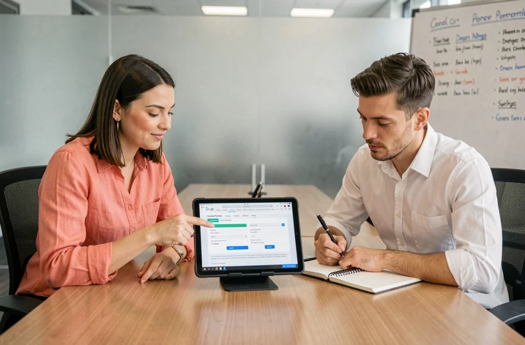Deux collègues collaborant sur un formulaire Google Forms via une tablette en salle de réunion