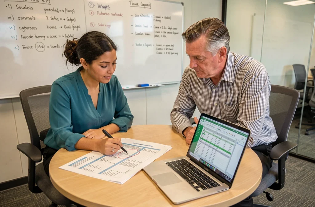 Deux collègues collaborant autour d'un rapport de tableau croisé dynamique Excel lors d'une réunion en salle de conférence