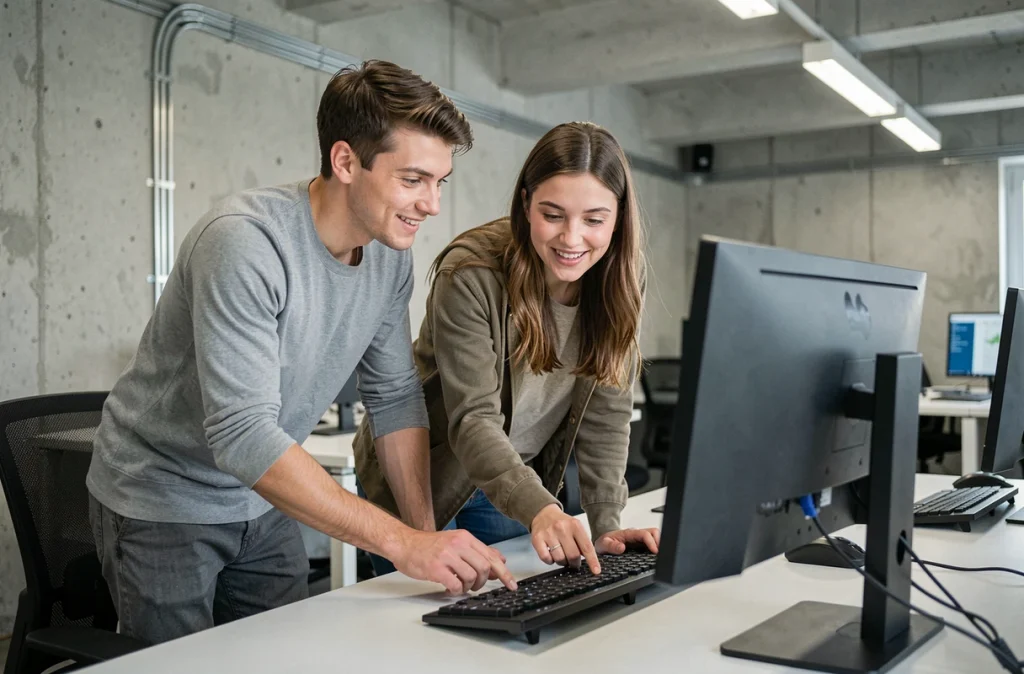 Deux collègues dans un espace de coworking apprenant ensemble les raccourcis clavier essentiels pour la bureautique