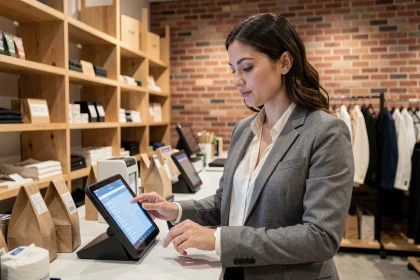 Commerçante utilisant une application mobile sur tablette pour gérer les ventes dans une boutique moderne
