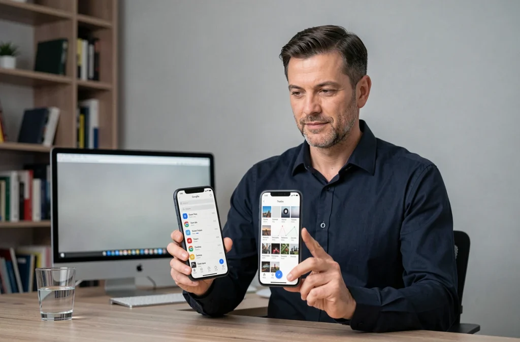 Homme comparant Google Photos et la galerie native sur deux smartphones pour gérer la corbeille des photos supprimées