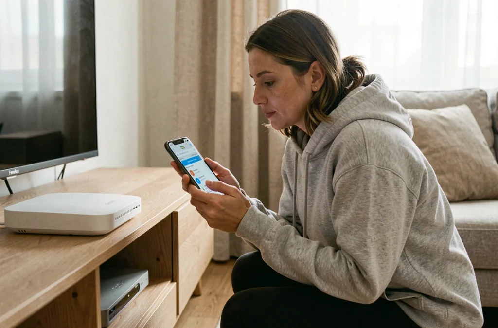 Femme consultant l'interface de configuration Freebox sur son smartphone près du modem dans le salon
