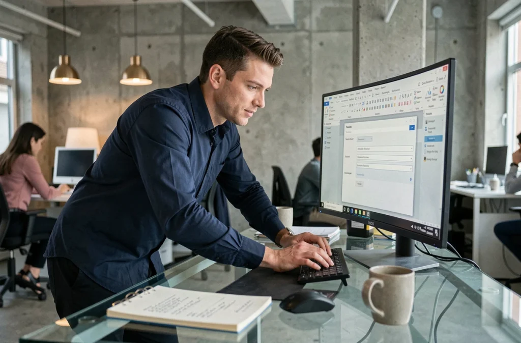 Homme configurant la barre d'outils d'accès rapide PowerPoint dans un open space professionnel