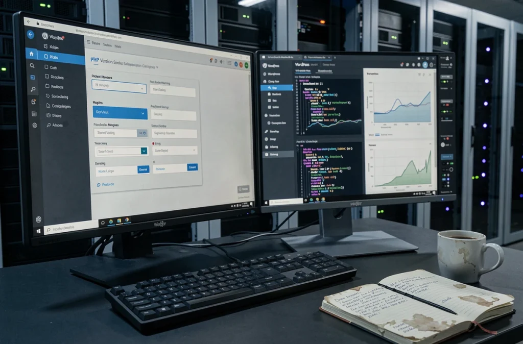 Configuration PHP et tableau de performances WordPress affiché sur deux écrans dans une salle serveur professionnelle