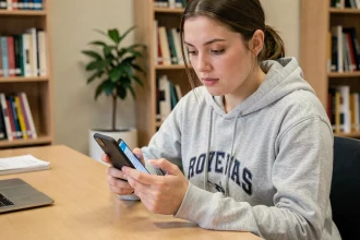 Jeune femme configurant le webmail académique de Nantes sur un smartphone Android, assise à un bureau universitaire