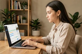 Jeune femme convertissant une vidéo en ligne sur son ordinateur portable dans un bureau à domicile