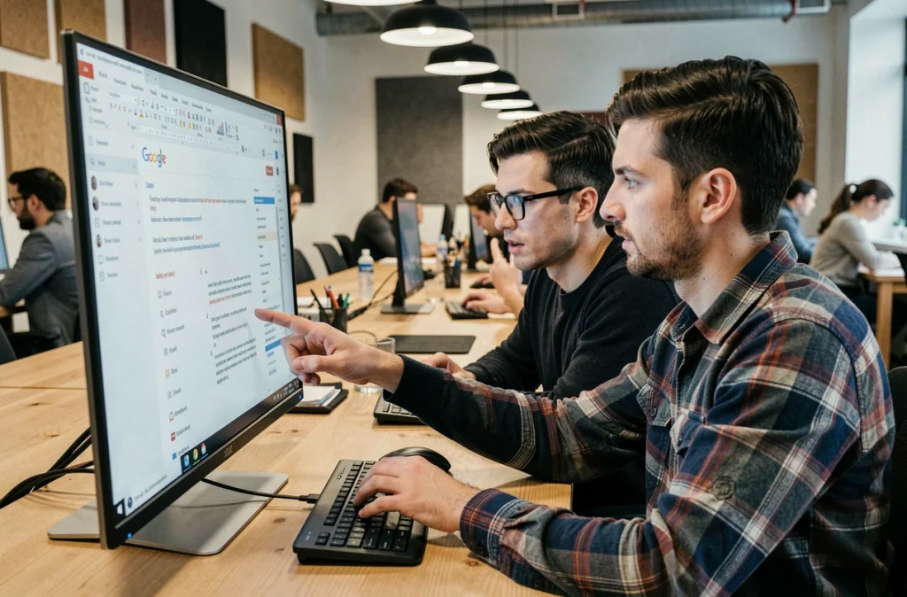 Deux collègues révisant un document partagé Google Docs en temps réel dans un espace de coworking