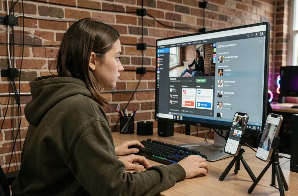 Créatrice de contenu utilisant un outil de conversion vidéo pour Facebook et Instagram sur grand écran