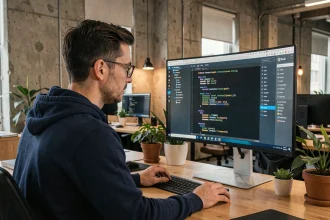 Développeur web analysant la version PHP de WordPress sur un grand écran ultrawide dans un bureau moderne