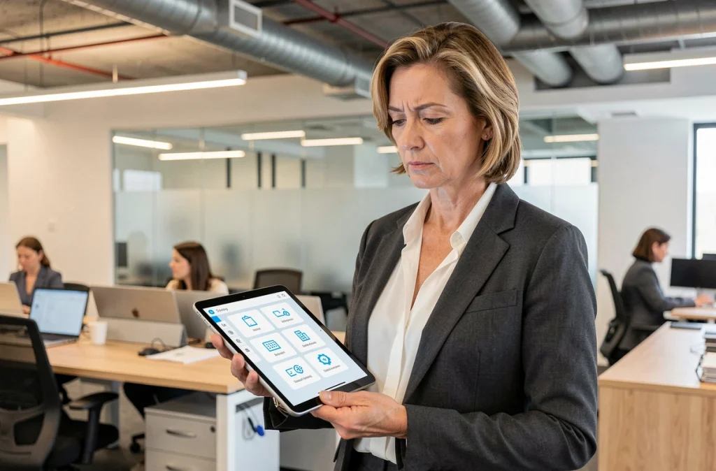 Dirigeante d'entreprise consultant un tableau de bord IoT sur tablette dans un open space moderne
