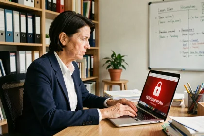 Dirigeante d'une petite entreprise française découvrant un message de ransomware sur son ordinateur portable au bureau