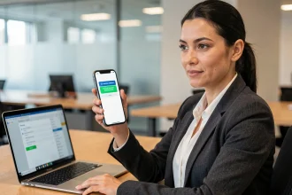 Femme professionnelle utilisant la double authentification sur smartphone dans un bureau moderne