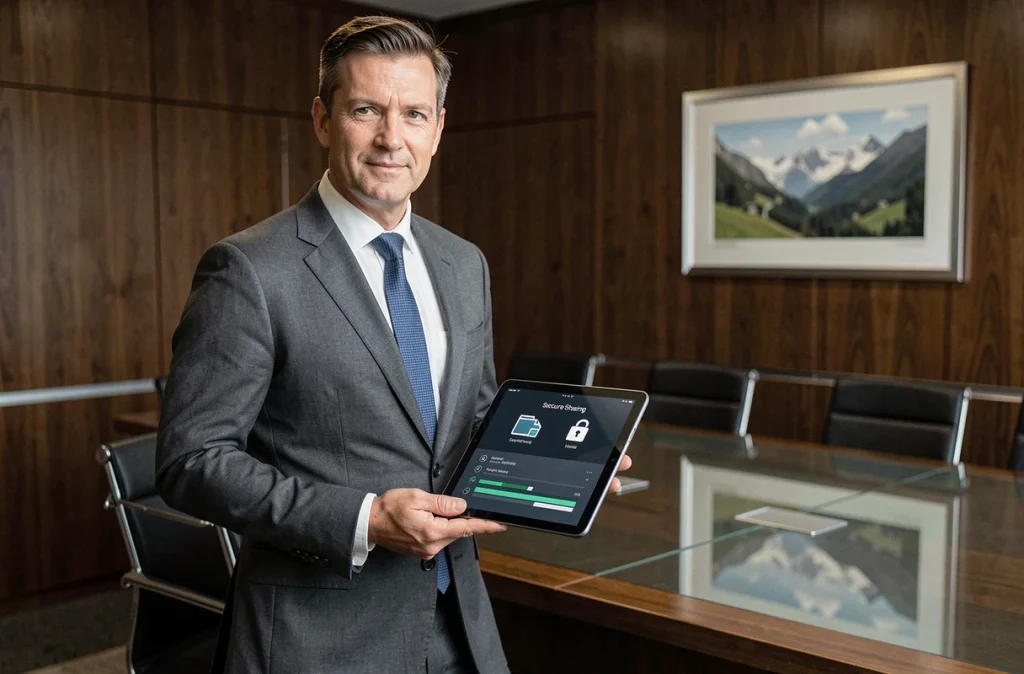Homme d'affaires partageant des fichiers clients sensibles via une interface sécurisée suisse sur tablette en salle de réunion