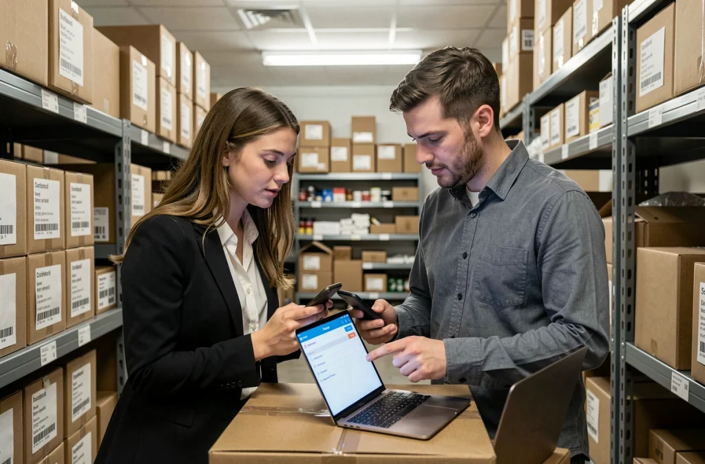 Deux employés collaborant sur des applications mobiles de gestion des stocks dans un entrepôt de commerce