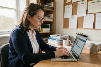 Enseignante configurant les paramètres de messagerie académique sur un ordinateur portable dans une salle des professeurs