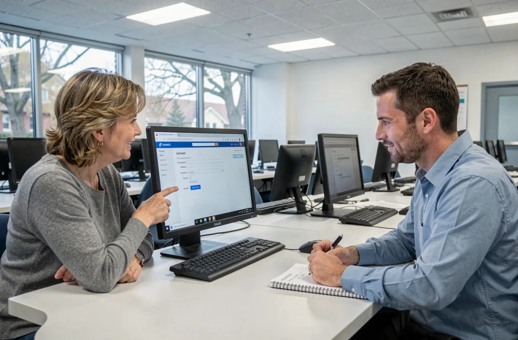 Deux enseignants configurant ensemble les paramètres du webmail académique de Rennes dans une salle informatique d'école