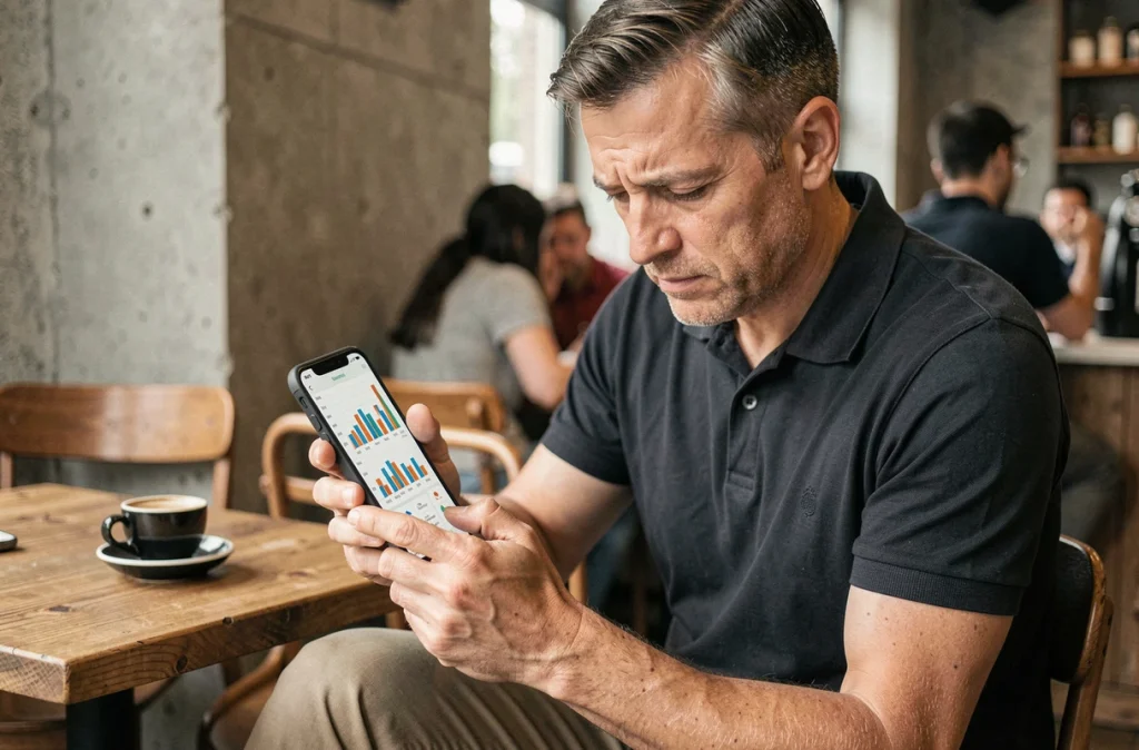 Entrepreneur analysant des données commerciales sur smartphone dans un café moderne