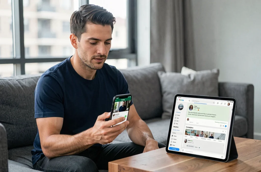 Homme envoyant une vidéo convertie sur WhatsApp depuis son smartphone dans un salon moderne