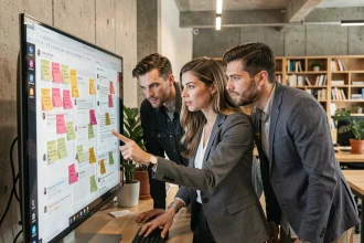 Équipe professionnelle utilisant des annotations collaboratives sur un document partagé à l'écran dans un bureau moderne