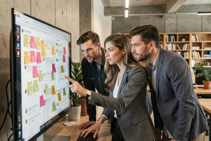 Équipe professionnelle utilisant des annotations collaboratives sur un document partagé à l'écran dans un bureau moderne