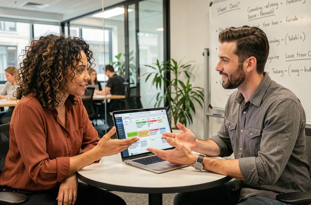 Deux professionnels collaborant autour d'un ordinateur portable avec un compteur de caractères pour planifier leurs contenus sur les réseaux sociaux